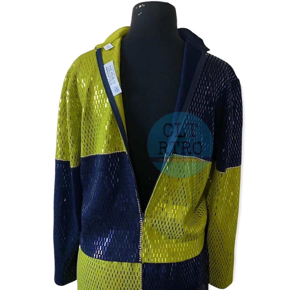 vtg St John • Santana Knit Colorblock 2 pc Skirt Set • Sequins • USA
